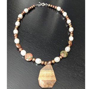 SEMI-PRECIOUS Unakite, Pearl, Jasper Drop Necklace